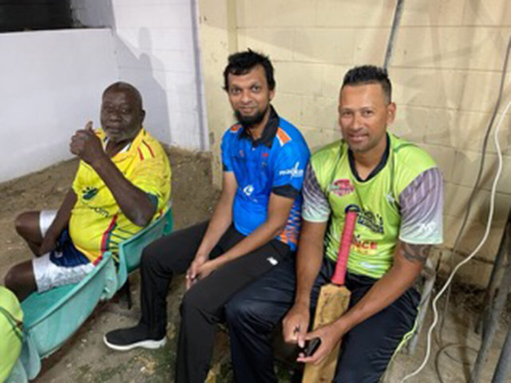 cting T&T Red Force Cricket Coach Rayad Emrit is seen in photo from left with Carl Felix and Tariq Subhan, TML Cricket Committee members on Saturday 18th March 2023. Emrit currently represents Curepe Jamaat in the 2023 TML Cricket 50 Ball League at the TML Centre, Eastern Main Road, St. Joseph